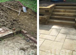 patio with wooden stairs